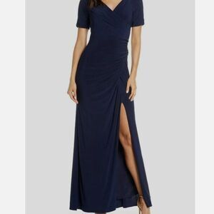 Adrianna Papell Navy Blue V Neck Short Sleeve Stretch Gown Size 4 Formal